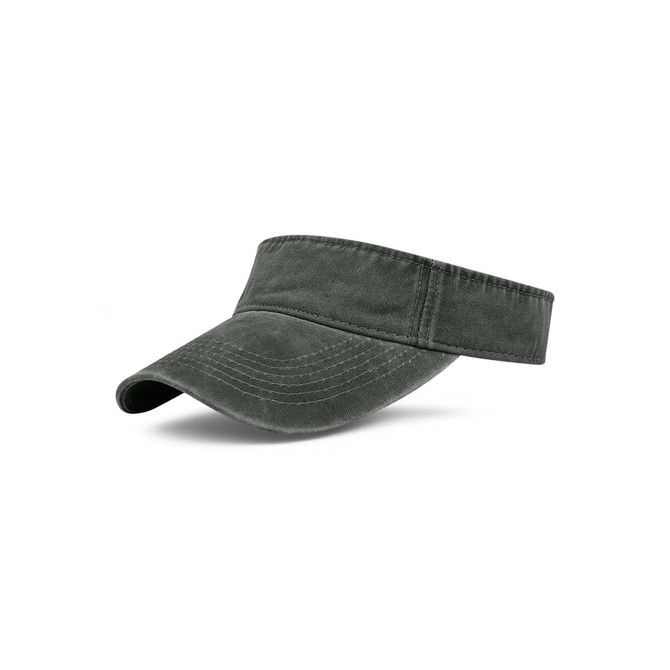 A washed sun visor in a dark grey colour with a wide brim and an adjustable band at the back.