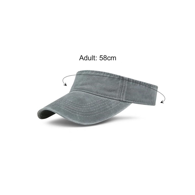 A grey washed sun visor with a wide brim and adjustable band, featuring a logo.