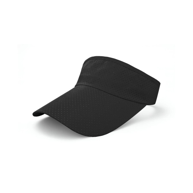 A breathable black sun visor featuring a wide brim and a perforated design for ventilation. It includes a logo.