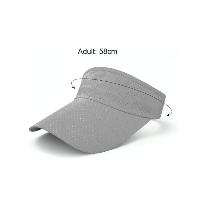 A breathable sun visor in grey, featuring a wide brim and perforated design for ventilation. It includes a sizing detail.