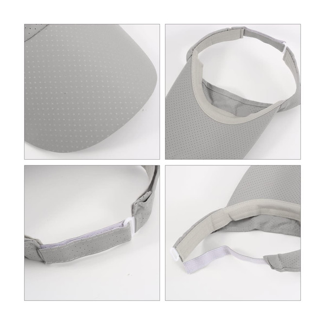 A breathable sun visor in light grey with a perforated design and adjustable strap. Features a logo on the side.