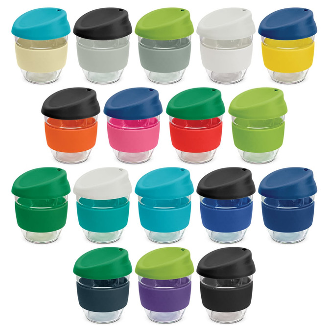 A drink bottle collection featuring various colours, including grey, green, orange, and purple, with clear borosilicate glass.