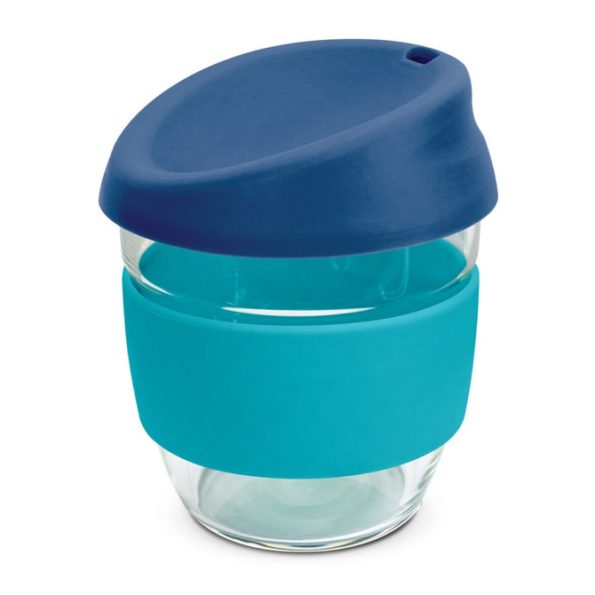 A drink bottle featuring a blue lid and a turquoise silicone sleeve, made of clear borosilicate glass, 250ml capacity.