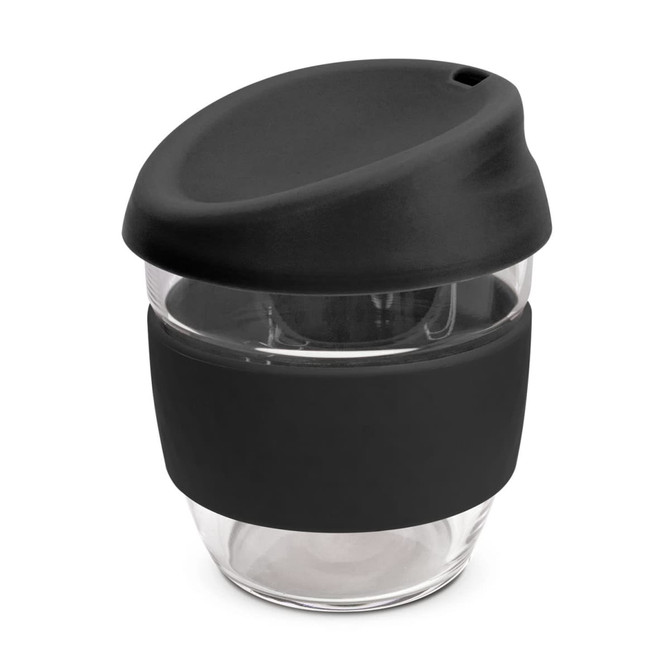 A drink bottle made of clear borosilicate glass with a black silicone lid and sleeve, featuring a branding logo.