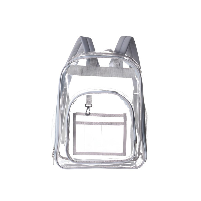 A heavy duty transparent backpack with grey straps and a front pocket, featuring a logo.