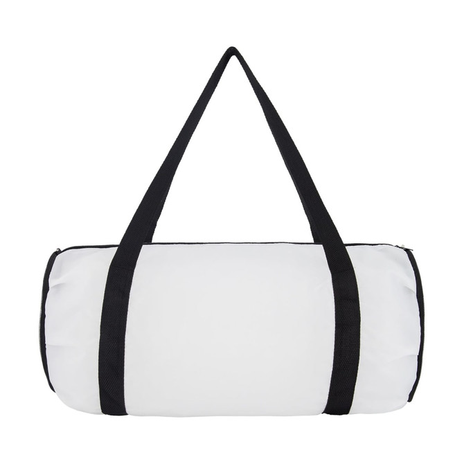 A white duffle bag with black straps and a zip closure, featuring a logo on the side.