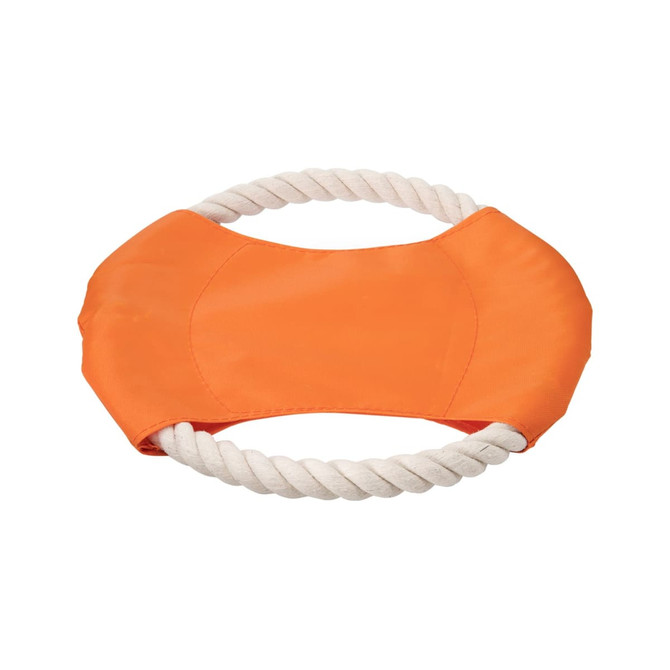 An orange fabric dog toy with a rope handle, featuring a smooth, padded centre.