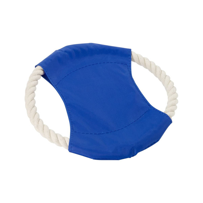 A blue dog toy with a fabric centre and a rope handle. Features a logo on the fabric.