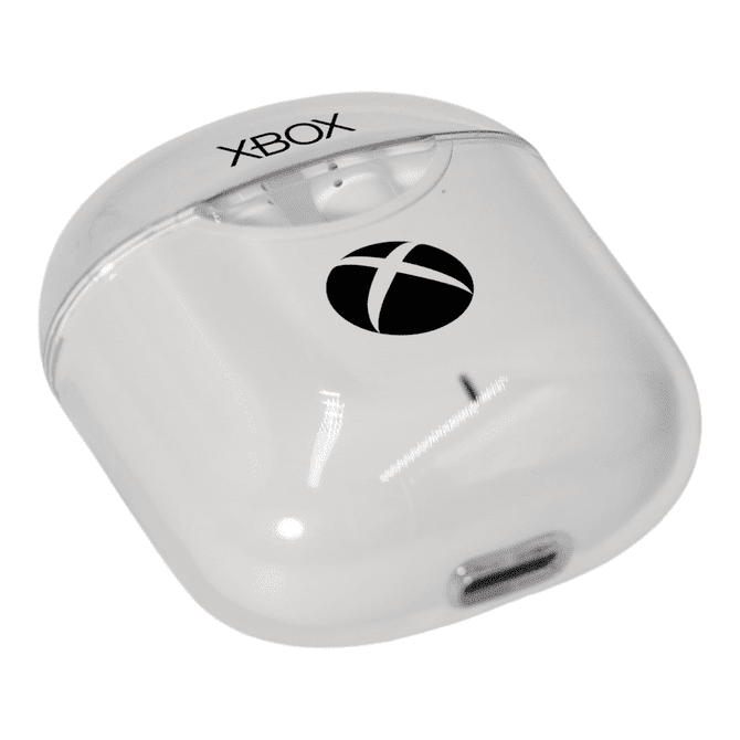 A pair of white earphones in a clear case, featuring a logo on the front.
