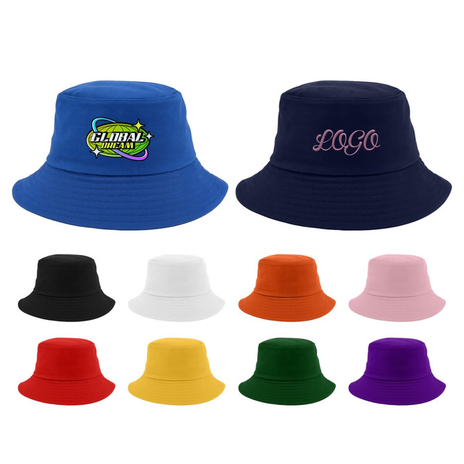 Custom cotton bucket hats in various colours, including blue, black, white, orange, pink, yellow, green, and purple, some with logos.