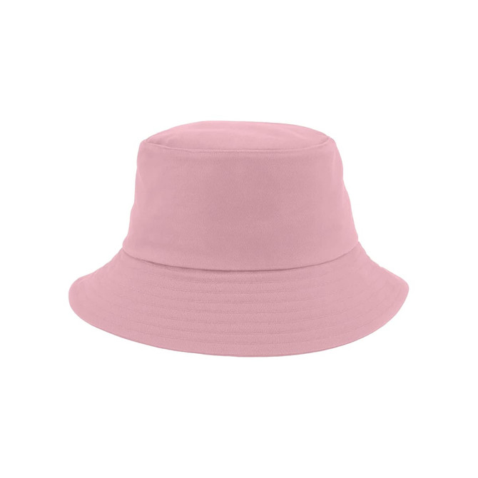 A pink cotton bucket hat with a soft, structured design and a wide brim. It features a logo on the side.