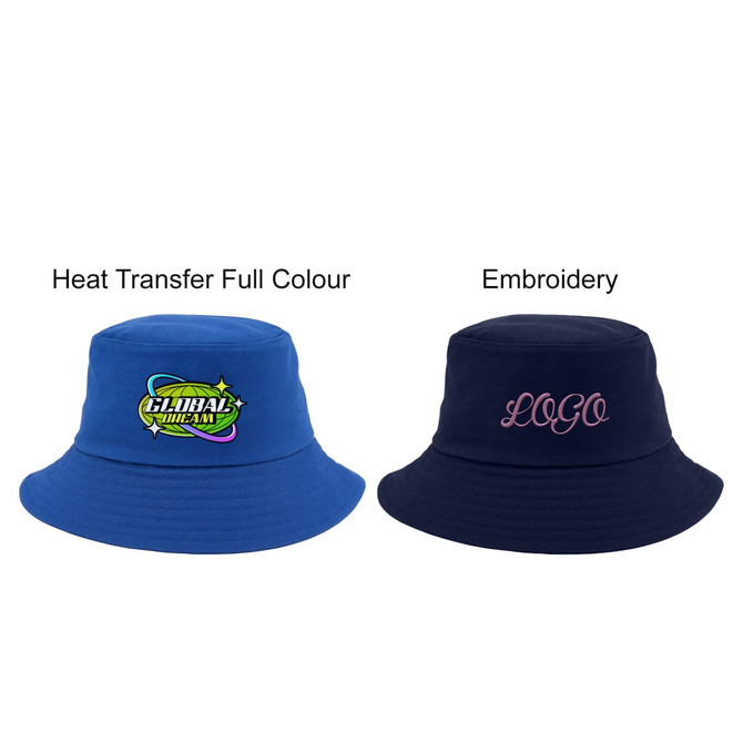 Two custom cotton bucket hats; one in blue with a logo and one in navy with embroidered text.