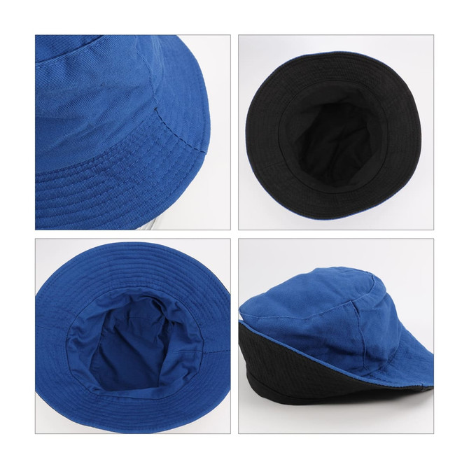 A blue and black custom cotton bucket hat featuring a wide brim and a soft interior. It has a logo on the exterior.
