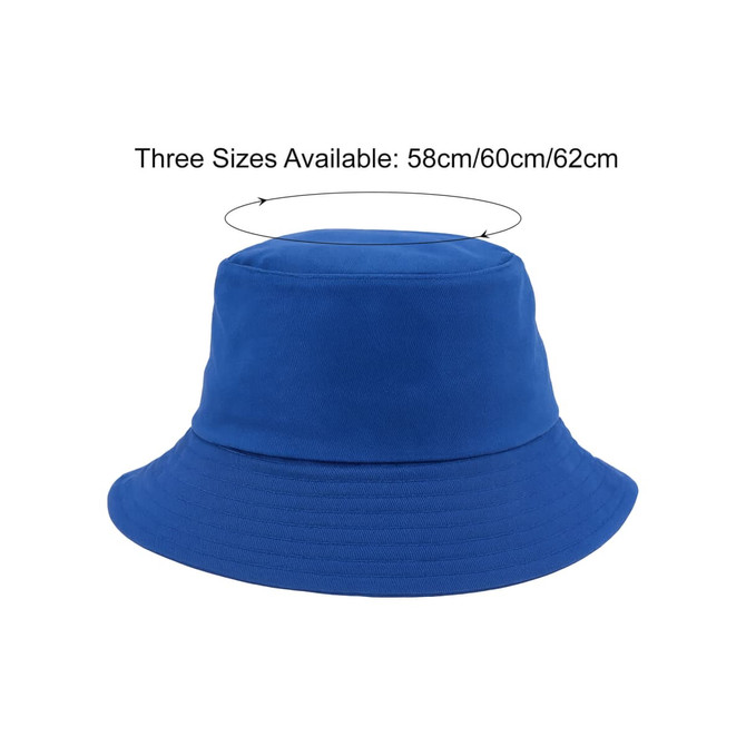 A blue cotton bucket hat with a round top and wide brim, featuring a logo and available in three sizes.