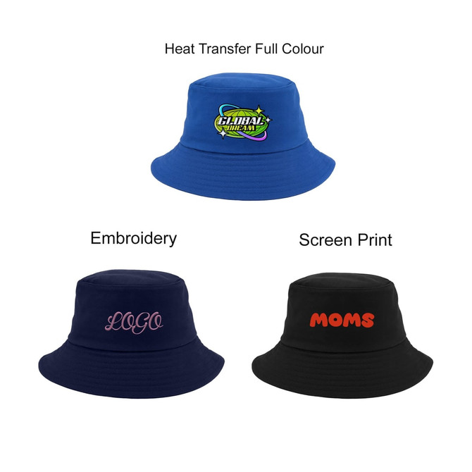 A blue cotton bucket hat with a logo and two black bucket hats with logos featuring different text styles.