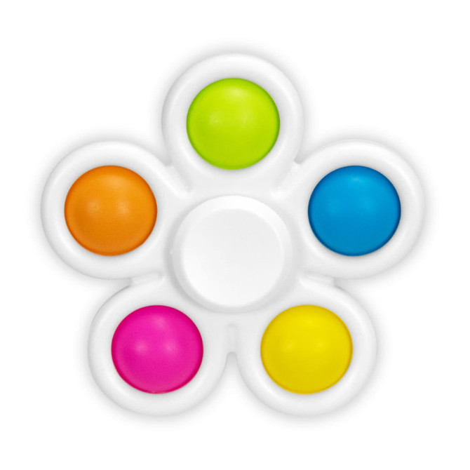 A fidget spinner in a flower shape with orange, pink, yellow, green, and blue buttons on a white base.