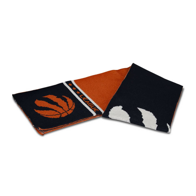 A custom knitted scarf featuring orange and black with a basketball motif and a logo.