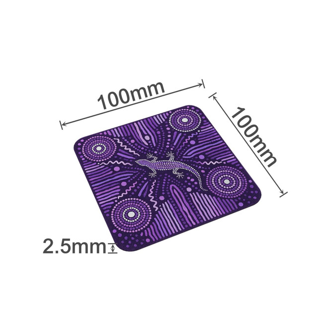 A square, purple diatomaceous coaster featuring a lizard design. It measures 100mm x 100mm and has a logo.
