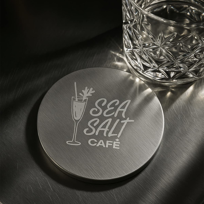 A round metal coaster with a shiny silver finish and a logo design. A glass sits beside it on a dark surface.