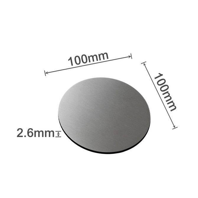 A round metal coaster in a silver finish, measuring 100mm in diameter and 2.6mm in thickness.