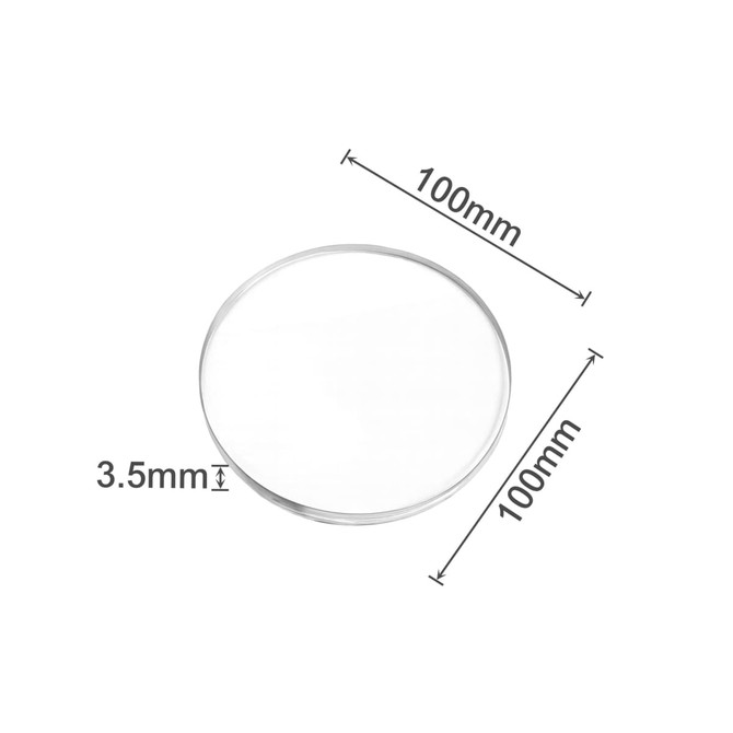 A clear acrylic coaster, circular in shape, measuring 100mm in diameter and 3.5mm thick.