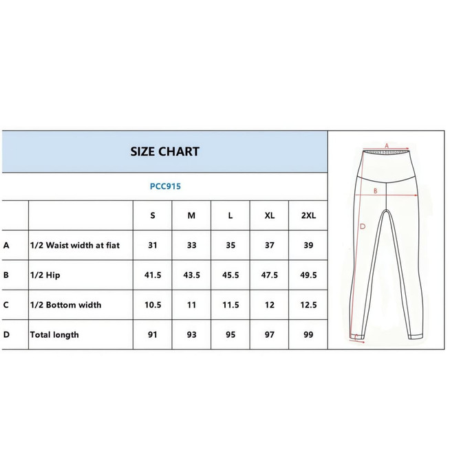 A size chart for women's high-waisted elastic LYCRA yoga long leggings, detailing measurements in various sizes.