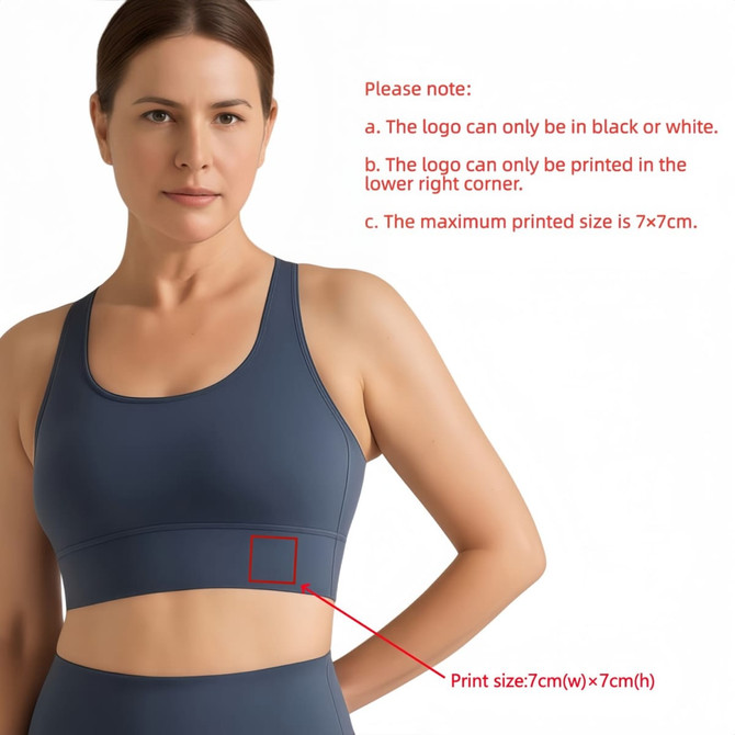 A women's cross back yoga crop bra tank in navy blue, featuring a small logo placement guideline.