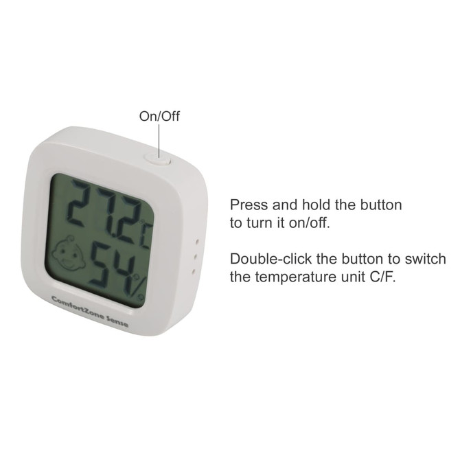 A white digital thermometer displaying temperature and humidity readings, with a button for on/off functionality.