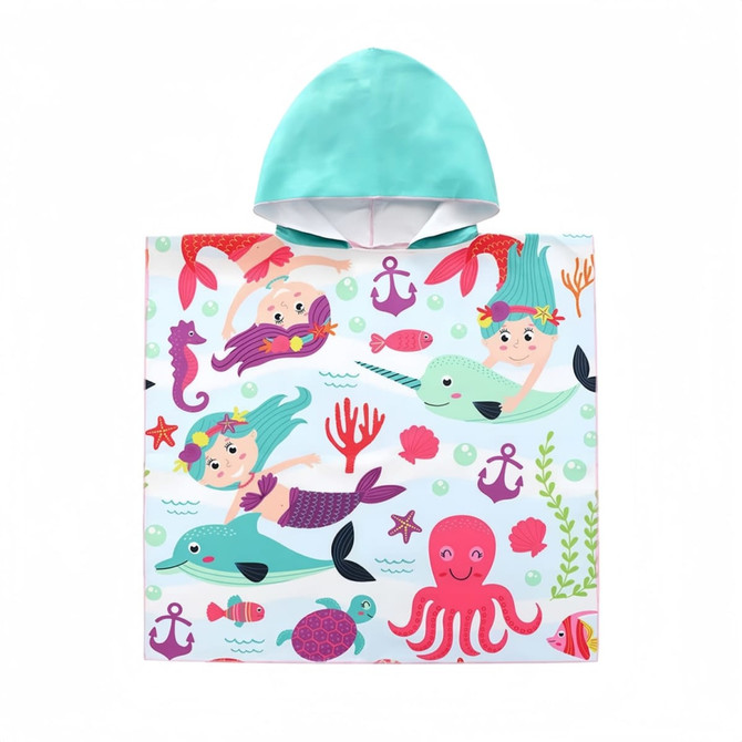 A vibrant kids' hooded change towel featuring mermaids, narwhals, and sea creatures in shades of turquoise and pink.