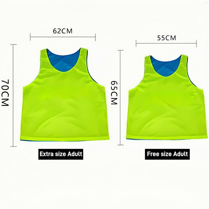 A reversible training bib in bright yellow and blue, available in two sizes: Extra size Adult and Free size Adult.