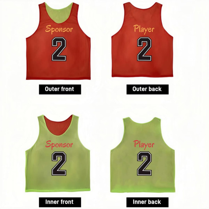 A reversible training bib in red and green, featuring the numbers '2' and branding on both sides.