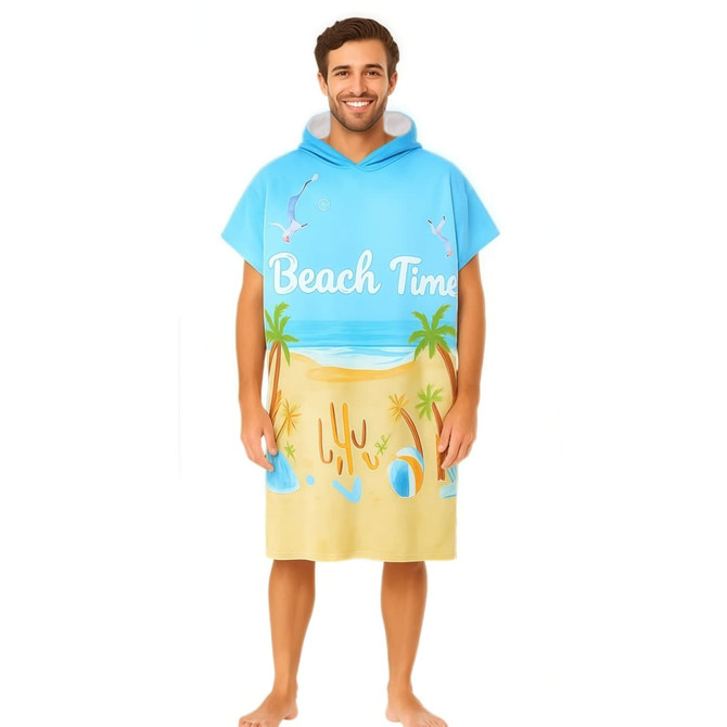 A blue and sandy-coloured surf poncho towel with a hood, featuring a beach scene and palm trees.