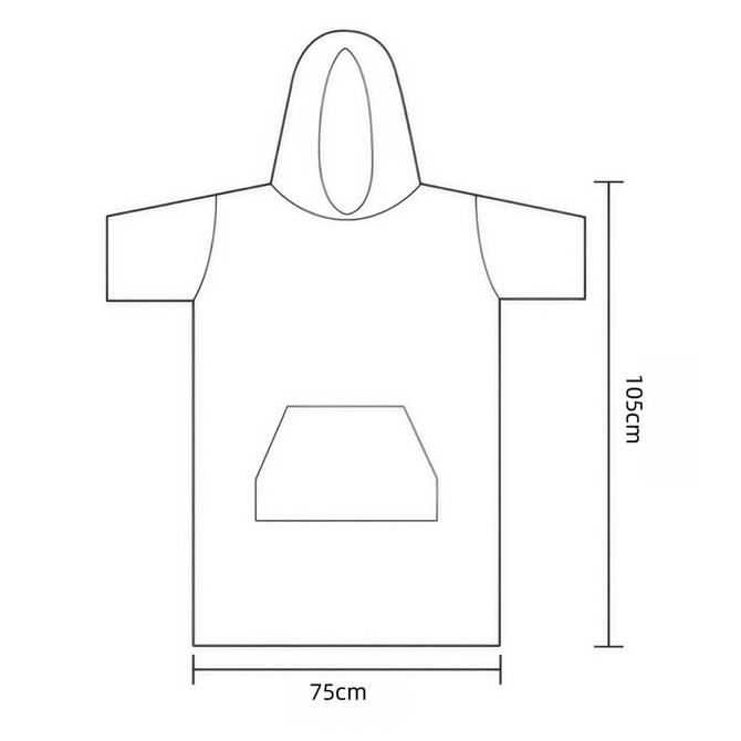 A double-sided fleece hooded towel poncho with a large hood and front pocket, featuring dimensions of 75cm by 105cm.