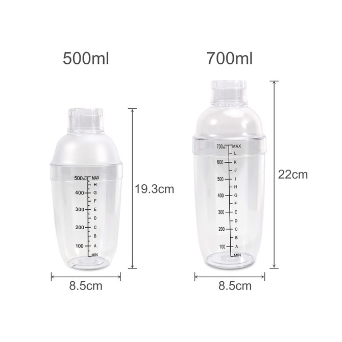 A drink bottle set featuring a 500ml and a 700ml shaker with filter tops, both in clear plastic.
