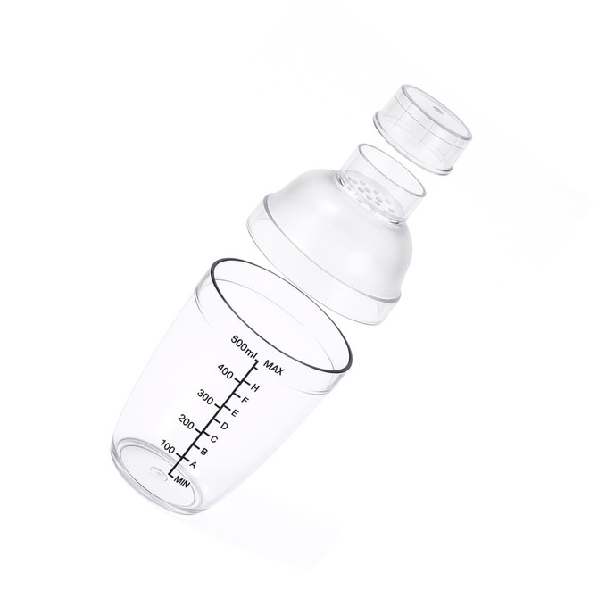A drink bottle in clear plastic with a filter top, featuring measurement markings on the body.