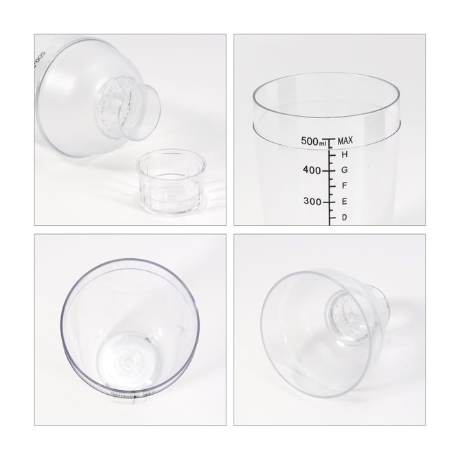 A drink bottle with a clear, transparent design and a removable filter top. It has measurement markings on the side.