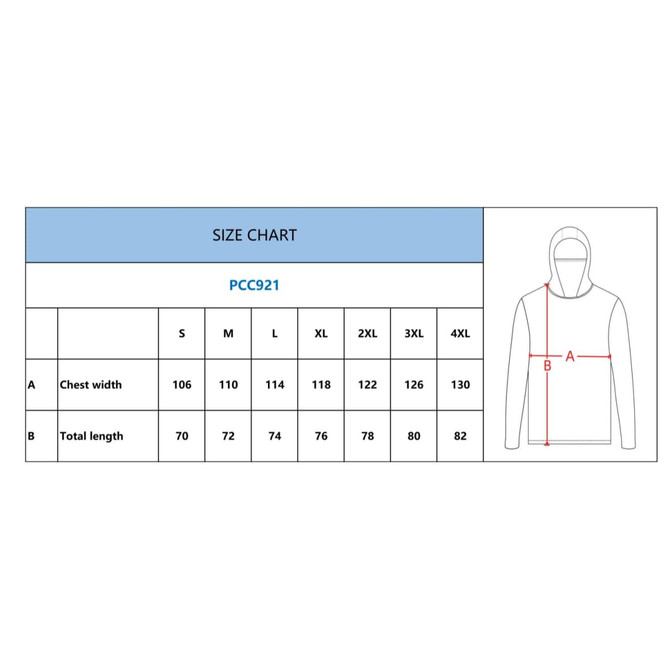 Size chart for a men's hoodie, detailing chest width and total length measurements for various sizes.