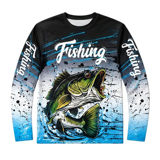 A long-sleeved fishing shirt featuring a vibrant graphic of a fish, predominantly black, blue, and white colours, with a logo.