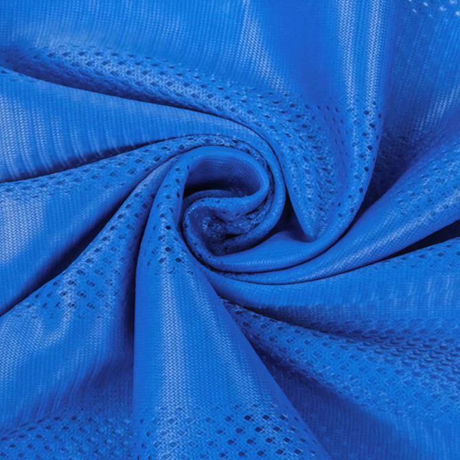 A blue polyester mesh fabric, demonstrating its breathable texture and pattern, with a logo visible in the design.