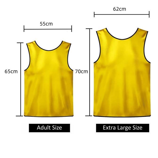 A yellow training bib made from 100% polyester, available in adult and extra-large sizes, with measurement details included.