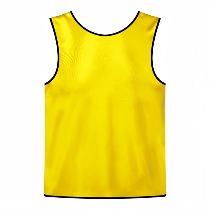 A yellow training bib made of 100% polyester, featuring a black trim and a simplistic design.