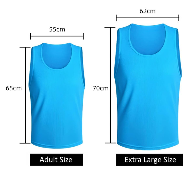Two blue polyester training bibs in adult and extra large sizes, with measurements displayed. One bib features a logo.