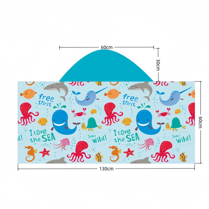 A kids hooded towel surf shawl in blue featuring playful marine animal designs, including whales, octopuses, and starfish.
