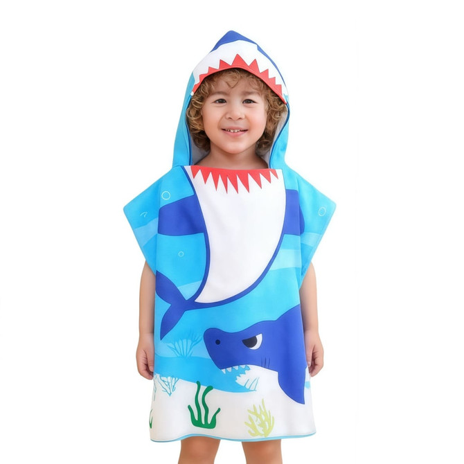 A hooded change towel featuring a blue shark design with red and white accents. It has a fun ocean theme.
