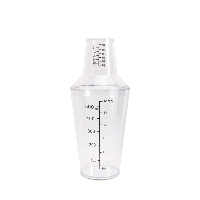 A drink bottle with a transparent design, featuring measurement markings and a removable measuring cap.