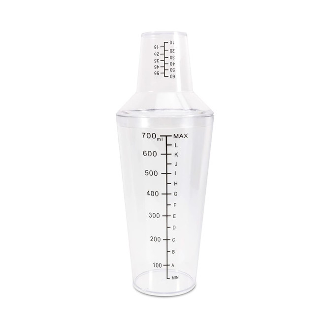 A drink bottle in clear plastic with a measuring cap featuring measurement markings on the side.