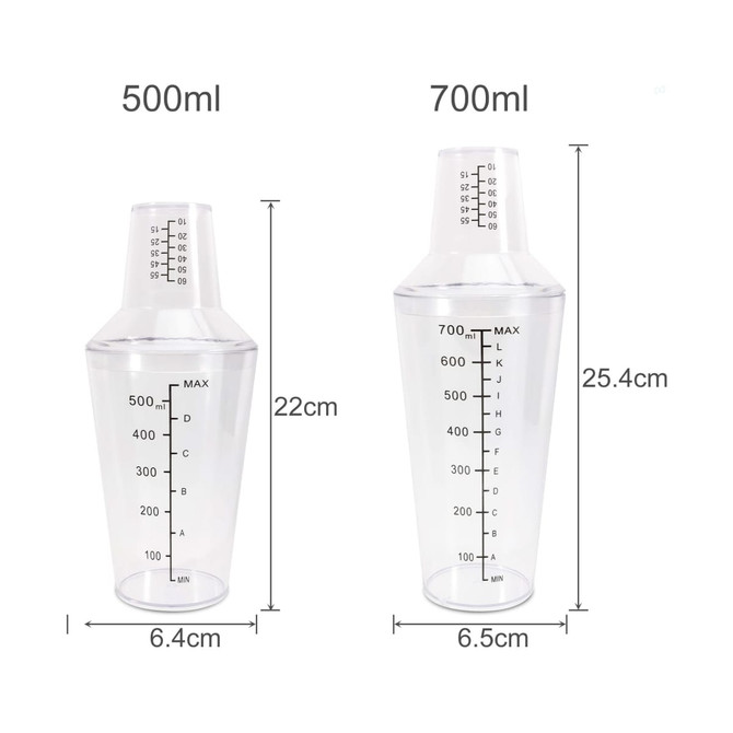 A drink bottle set featuring two transparent shakers in 500ml and 700ml sizes, each with measurement markings and caps.