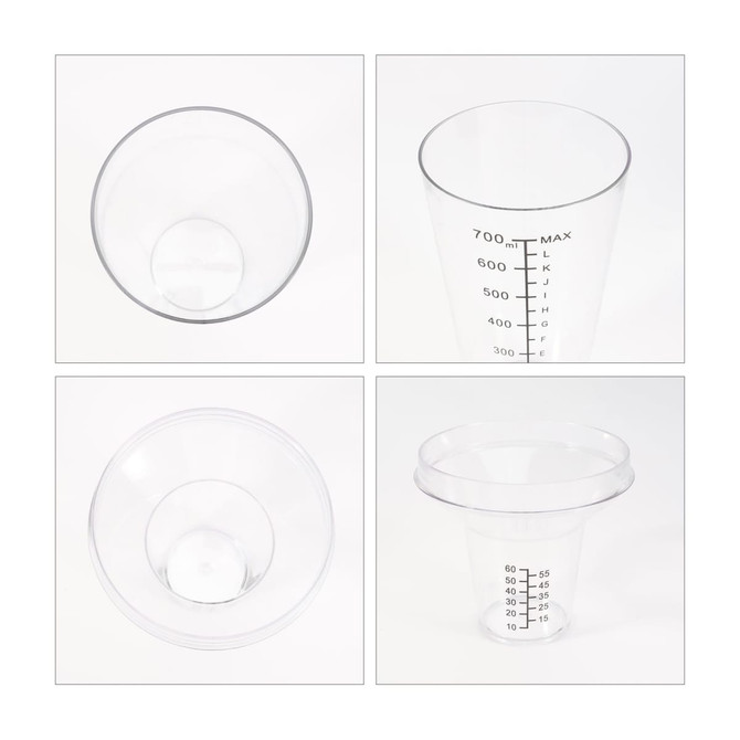 A drink bottle featuring a transparent design with a measuring cap and measurement markings. It has a logo on the side.