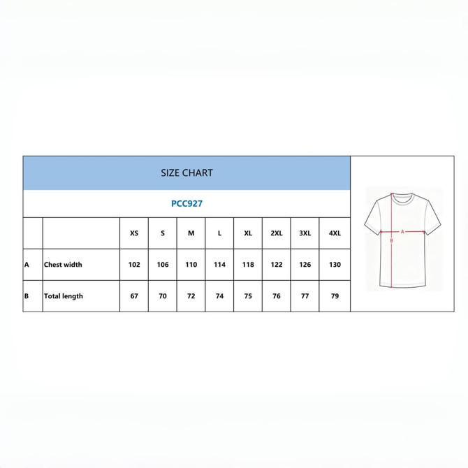 A size chart detailing measurements for a men's fishing T-shirt, including chest width and total length for various sizes.