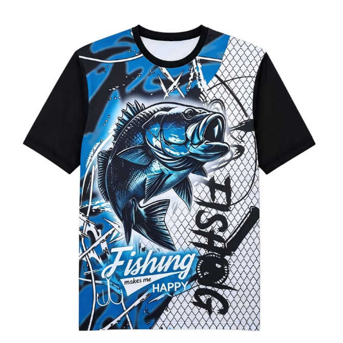 A vibrant blue and black fishing T-shirt featuring a fish graphic and mesh design, complete with a logo.